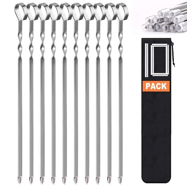 LANNEY Kabob Skewers Flat Metal BBQ Barbecue Skewer 15" Long Stainless Steel Shish Kebob Sticks Wide Reusable Grilling Skewers Set for Meat Shrimp Chicken Vegetable, 10 Pack