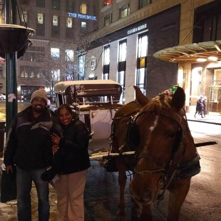 Engaged! Alvin, the horse, pulled our carriage and is a favorite character in our love story!  Marcus combined 4 of Dina's loves to add to the dreaminess of the night: Chicago, snow, jewels & himself!