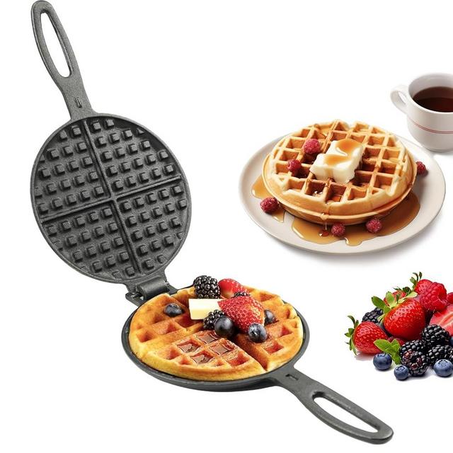 Cast Iron Waffle Cookware Two Piece Hinged Non Electric Waffle Iron for Stovetop or Grill Makes 7" Round Waffles Design Waffle Pan