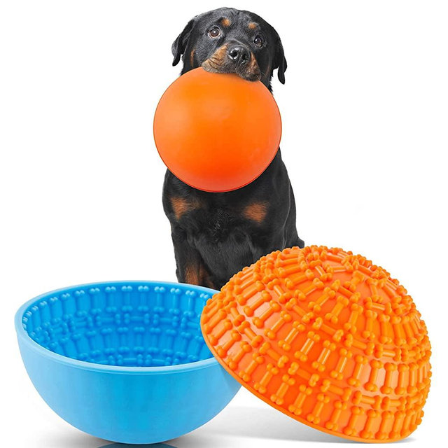 2 Pcs Silicone Dog Lick Bowl Pet Interactive Dog Slow Feeder Bowls for Oral Health Preventing Choking Anxiety Relief Wobble or Stay Put (Blue and Orange Bone)