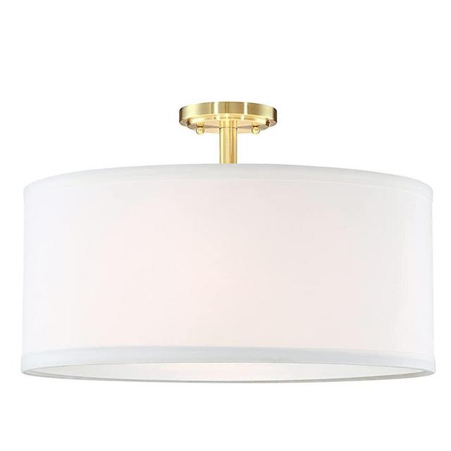 LED Off White Fabric Drum Shade semi Flush Mount Ceiling Light PS Diffuser with Brushed Bronze Finish, Chandeliers Shade with 20" 3 Light