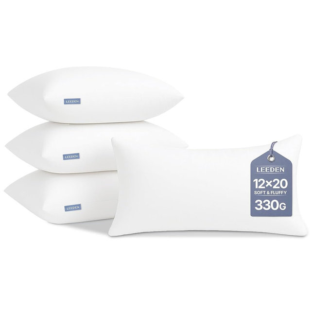Leeden 12x20 Pillow Inserts Pack of 4, Fluffy Lumbar Throw Pillow Inserts, Soft Rectangle Decorative Throw Pillows for Couch, Sofa, Bed, and Home Decor White Pillows