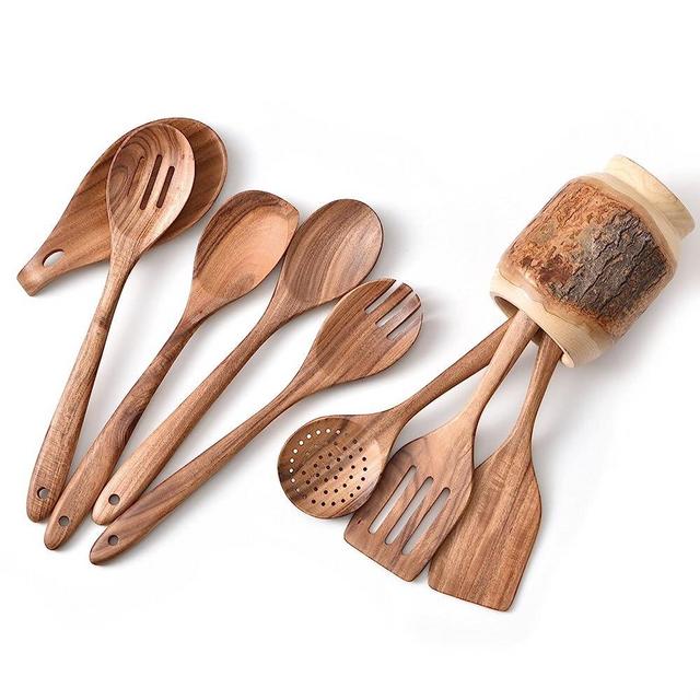 Gudamaye 13 inch Long Wooden Spoons for Cooking,Wooden Utensils for Cooking with Utensils Holder,9 PCES Wooden Kitchen Utensils Set with Utensils Holder and Spoon Rest,Natural Teak Wooden Spoons Set