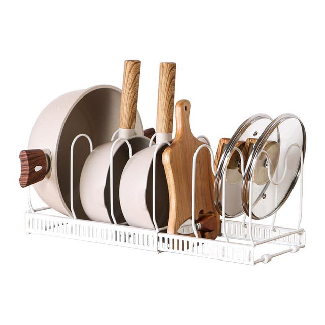 WUETOAYA Expandable Pots and Pans Organizer Rack, Pot Lids Cutting Boards Kitchen Cabinet Organizer with 7 Adjustable Compartments, Cookware Bakeware Rack for Kitchen Cabinet Countertop Storage(White)