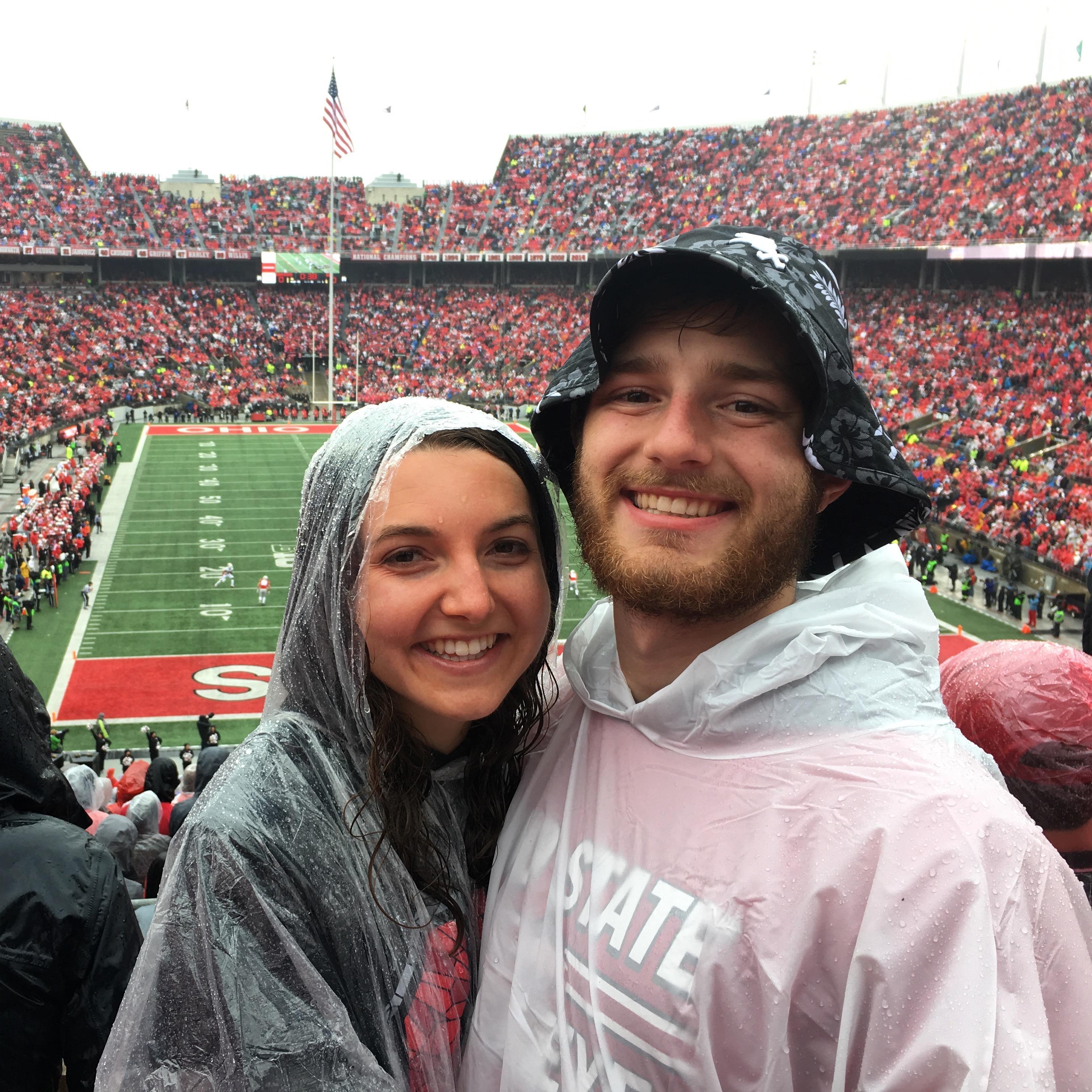 Justin and Mattie seem to always get caught in the rain, including this rainy OSU game in 2019.