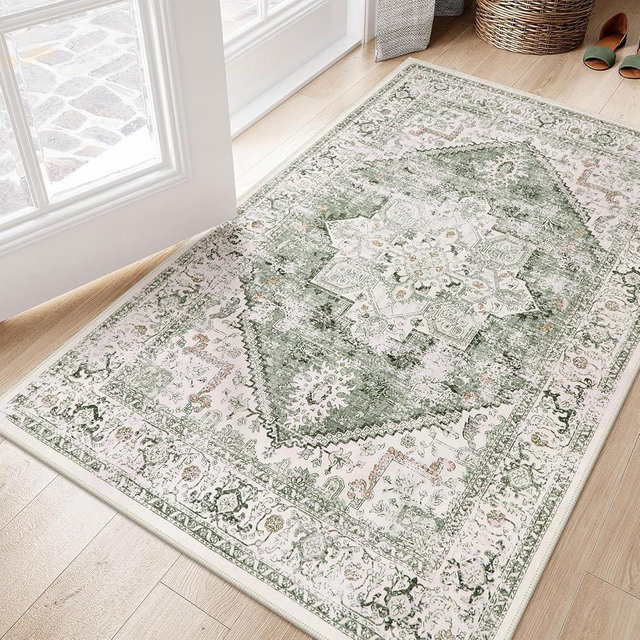 LIVEBOX Washable Area Rug 3x5 - Vintage Tribal Non-Slip Indoor Rug for Kitchen Entryway, Low-Pile Front Door Mat Print Distressed Accent Throw Rug for Bedroom Entry Foyer Laundry Room, Sage