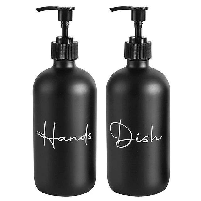 17 oz Hand Soap Dispenser Empty Glass Lotion Pump Bottles, Refillable Liquid Dish Soap Bottles for Bathroom, Kitchen Sink, Black, 2 Pack