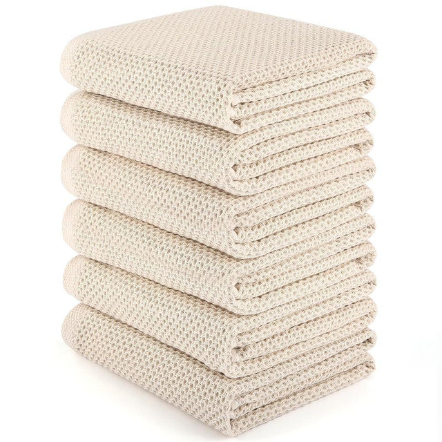 HOMYTOP Large Kitchen Hand Towels,6 Pack Cotton Waffle Weave Dish Towel for Drying, Cleaning Cloth for Kitchen Dishes - Extra Absorbent and Soft - 16 x 28 inch (Cream-6 Pack)