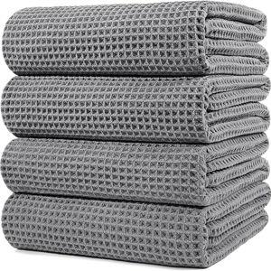 POLYTE Microfiber Oversize Quick Dry Lint Free Bath Towel, 60 x 30 in, 4 Pack (Gray, Waffle Weave)