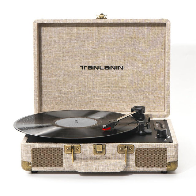 Vinyl Record Player with Built-in Speakers Vintage 3-Speed Portable Suitcase Bluetooth Turntables with USB Recording Belt-Driven LP Player Support AUX/RCA/Headphone Jack, Beige Linen