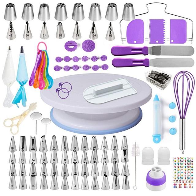 Cake Decorating Supplies Kit for Beginners, Set of 137, Baking Pastry Tools, 1 Turntable stand-55 Numbered Icing Tips with Pattern Chart, Angled Spatula, 8 Russian Piping nozzles-Baking Tools