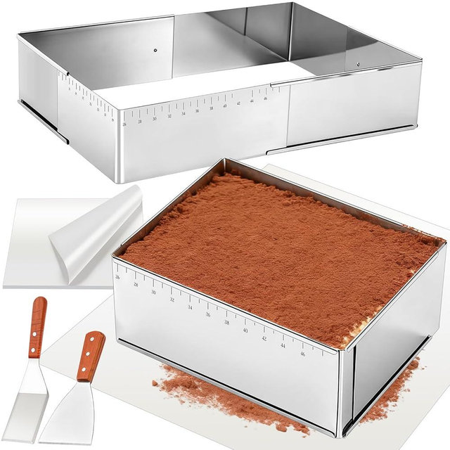 Blushtier 13 Pcs Tiramisu Mold Extensible Rectangle Cake Ring Mold Set, Adjustable Stainless Steel Mousse Cake Mould 18 x 13 x 4 Inch with Baking Parchment Scraper for Baking Birthday Party Dessert