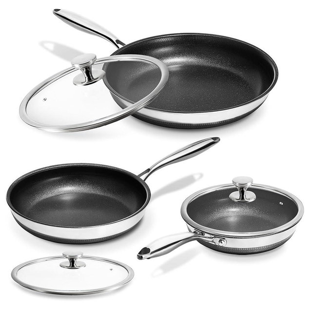 KOKHUB Nonstick Frying Pans with Lids, 8", 10", 12" Titanium Ceramic Tri-Ply Stainless Steel Skillet Set, Non-Toxic, PFAS/PFOA/PTFE Free, Dishwasher & Oven Safe, Induction Compatible