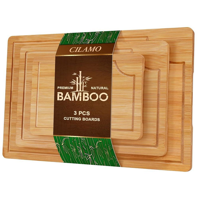 Cilamo Bamboo Cutting Board [Set of 3], Wooden Cutting Boards for Kitchen, Wood Cutting Boards with Deep Juice Groove & Side Handles,Charcuterie Board for Meat, Ideal for Meal Prep and Chopping