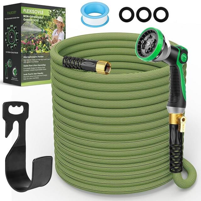 PALRORY Lightweight Garden Hose 100 ft, NON-EXPANDABLE Flexible Water Hose with 10-Pattern Nozzle, Kink-Free & Leak-Proof, High-Density Fabric, Solid Connector, ABS Protector, Shut-Off Valve & Holder