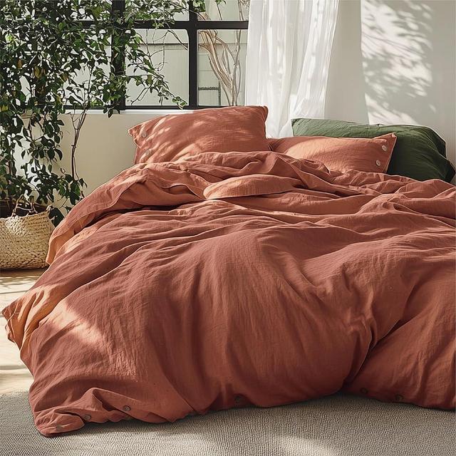 Bedsure Linen Duvet Cover Queen - Linen Cotton Blend Bedding Set, Soft & Cozy, 3 Pieces, 1 Duvet Cover 90x90 Inches and 2 Pillowcases, Terracotta Color Cooling Bedding, Comforter Sold Separately