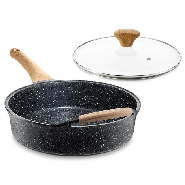 AnimoZest Deep Nonstick Frying Pan, 4.5 QT Swiss Granite Coating Sauté Pan with Lid, Healthy Non Stick Skillet Cooking Pan and Helper Handle with Silicone Cover, PFOA Free, Induction Ready. 11 Inch