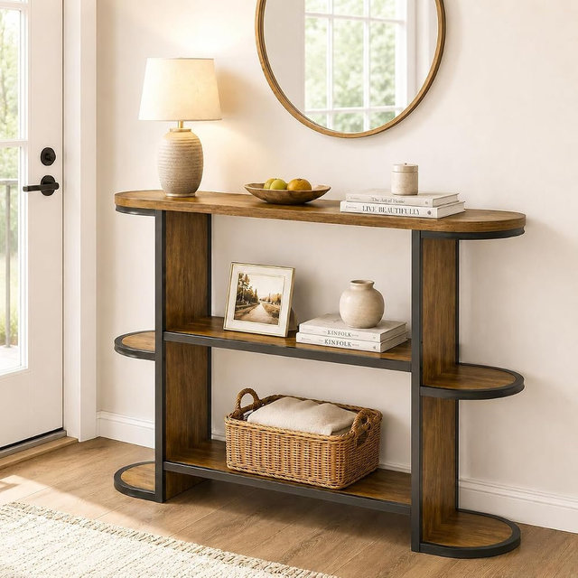 Gewudraw 39” Console Table with Storage, 3 Tier Entryway Table with Round Corners, Industrial Narrow Sofa Table Behind Couch for Living Room, Hallway, Entryway, Rustic Brown