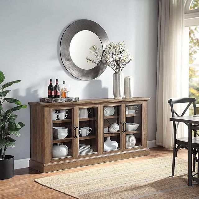 BELLEZE Liam 70" Rustic Farmhouse Wood Sideboard Universal Stand 4 Doors Buffet Cabinet Living Room Glass Storage, Rustic Oak