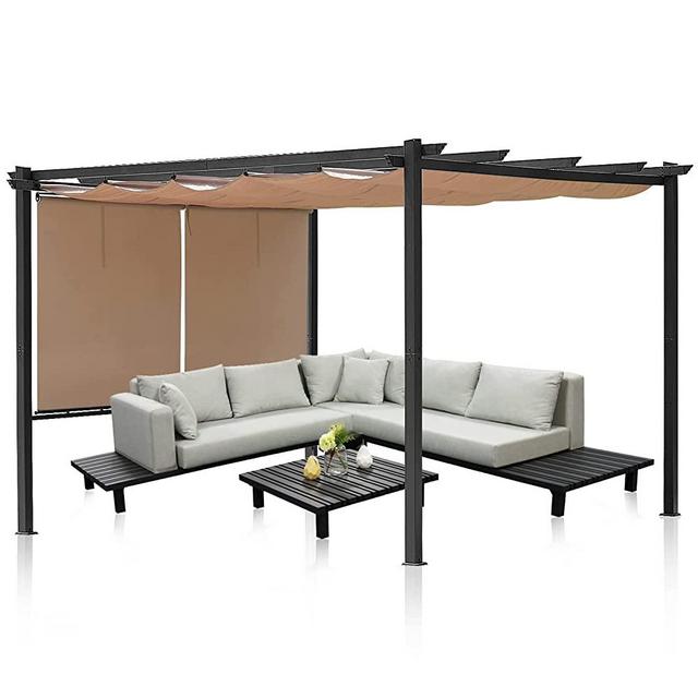 Aoodor 10 x 12 ft Outdoor Pergola with Retractable Canopy, Aluminum Frame, 2 Pieces Patio Sun Shade Shelter for Backyard, Deck - Brown