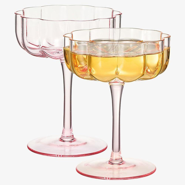 Flower Vintage Wavy Petals Wave Glass Coupes 7oz Colorful Cocktail, - Set of 2 - Rippled & Champagne Glasses, Prosecco, Martini, Mimosa, Cocktail Set, Bar Glassware Copyright & Patent Pending (Pink)