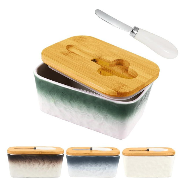 GLAVIONIX Butter Dish with Lid, 6.5" Large Butter Container for Countertop, Ceramic Green Butter Keeper Container with Knife, Bamboo Cover and High-Quality Silicone Sealing for Home Decor