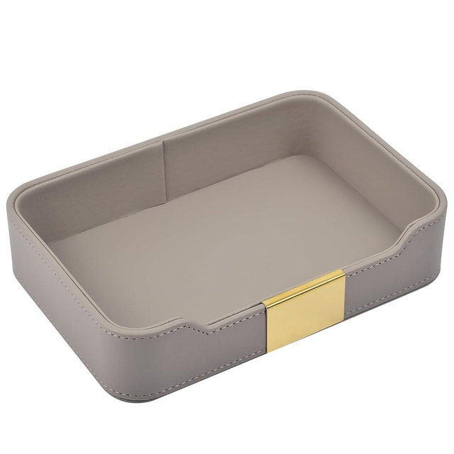 RHCSZ Luxury Leather Valet Tray Desktop Storage Organizer,Bedside Vanity Catchall Tray Nightstand Caddy Holder for Cosmetic,Jewelry,Watch,Keys,Phone,Wallet,Remote Controller,Pen,Gray