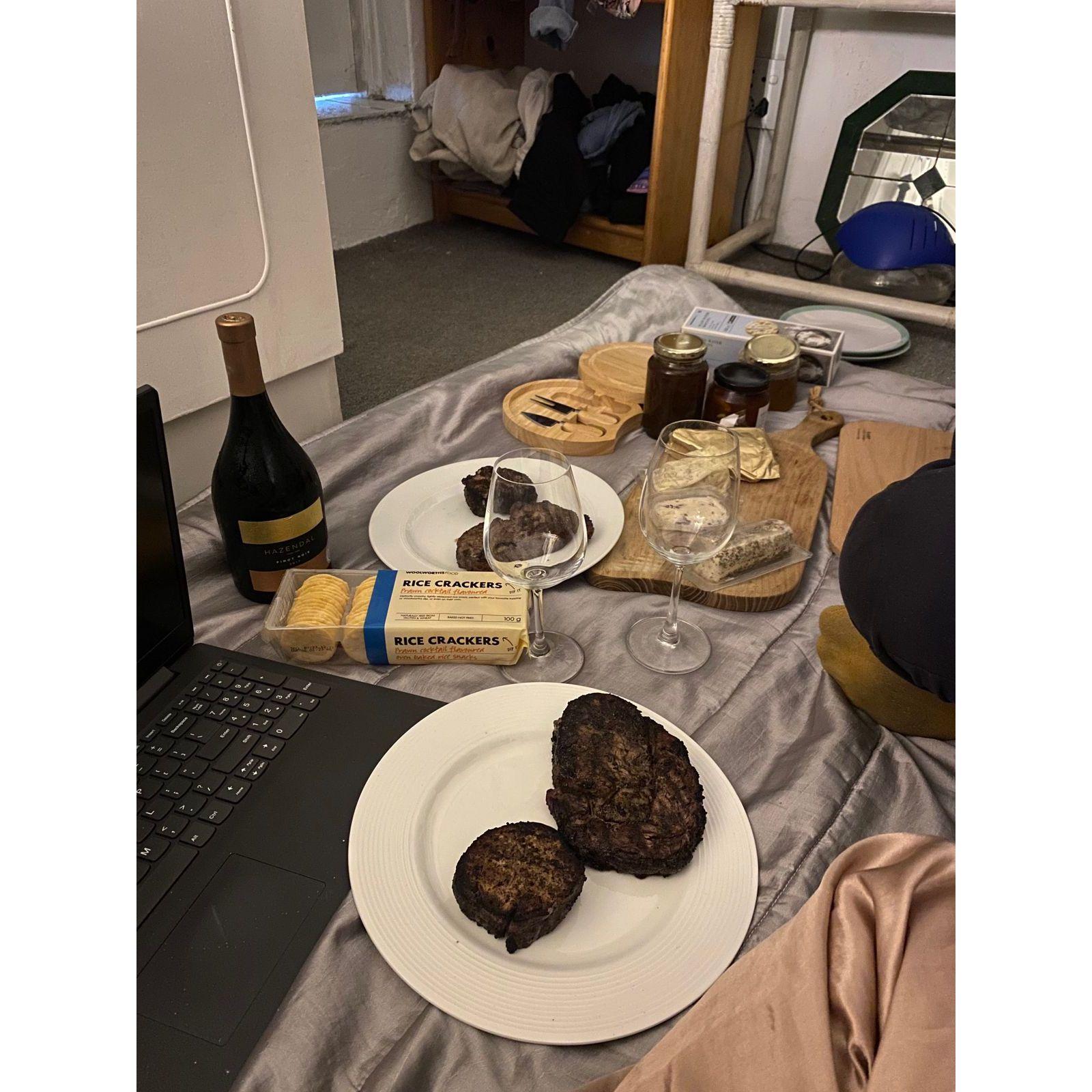 Our 1 month anniversary spent on my bedroom floor because I had an assignment due the next day. Tshiamo brought steak and wine and we had a quick picnic before helping me to meet my deadline.