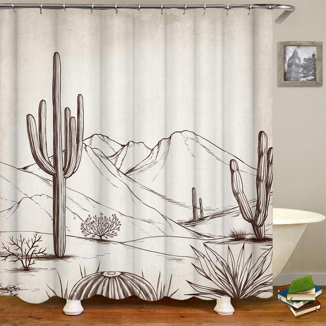 RnnJoile Western Shower Curtain Rustic Cactus Desert Bathroom Curtain Vintage Minimalist Southwest Aztec Bathroom Decor 72"x72" with Hooks