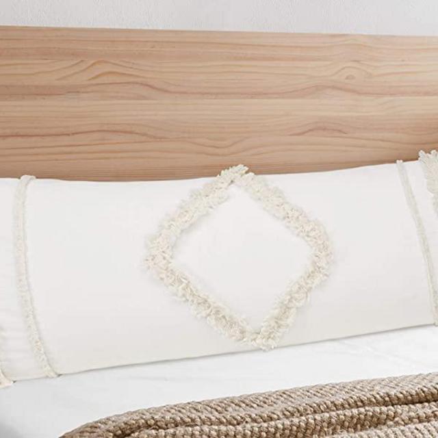 Bohemian Boho Chic Ivory Macrame Tufted Tassel Accent Decorative Couch Long Throw Zipper Body Pillow Cover Case 54x20 Solid Cream Textured Minimalist Off White Cotton Fringe Farmhouse Indie Room Decor