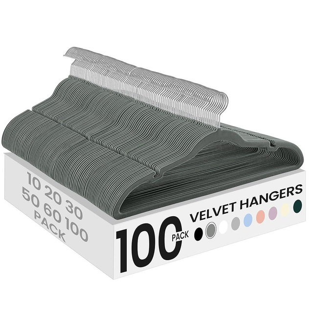 SONGMICS Velvet Hangers 100 Pack, Non-Slip Clothes Hangers with Shoulder Notches, Pants Bar, 360° Swivel Hook, Space-Saving, for Closet, Gray UCRF029G100