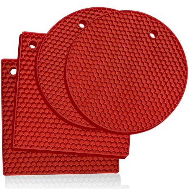 Premium Silicone Trivet Mats: 4 Multi-Purpose Pot Holder, Oven Mitts Hot Pads– Versatile, Heat Resistant, Non-Slip Jar Opener, Gripper Pad, Garlic Peeler, Drying Mat, Coaster - Heavy-Duty (Red)