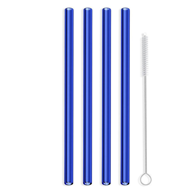 Hummingbird Glass Straws 9 inches x 9.5mm Reusable Straws (4 Pack of Blue)
