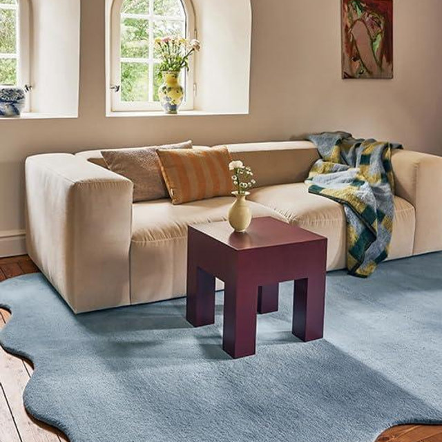 RUG BARN Hand-Tufted Wool Area Rug - 6x6 Ft, Square Solid Soft Blue Rug with Luxurious Scalloped Edges, Soft Plush Handmade Wool Carpet for Hallway, Living Room, Bedroom, Nursery & Modern Home Decor