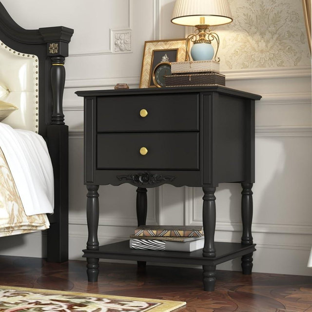JOIKUJIA French Country Nightstand with 2 Drawers & Open Shelf, Accent End Bed Side Table with Wooden Legs, for Living Room Office Black 19.7”W x 16.9”D x 25.2”H