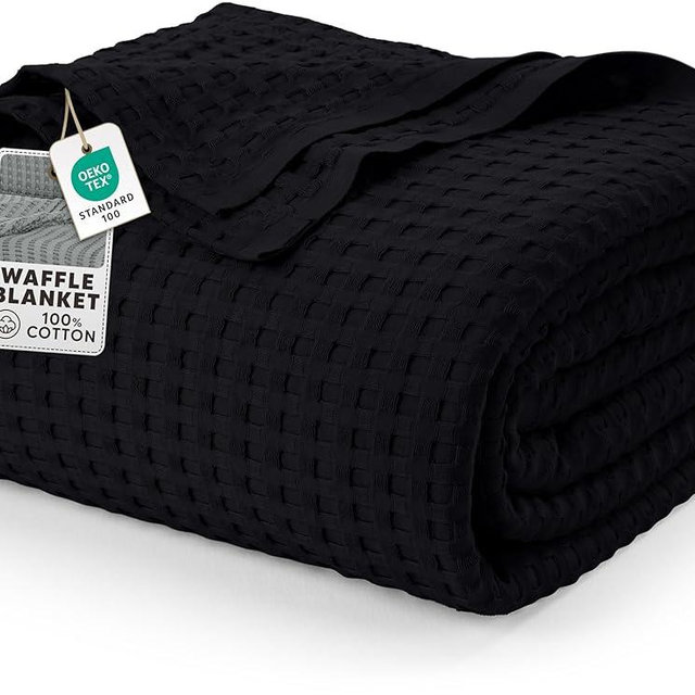 Utopia Bedding Black 100% Cotton Waffle Blanket 300 GSM [Queen - 90x90 Inch] Soft Lightweight Breathable Bed Blanket for All Season
