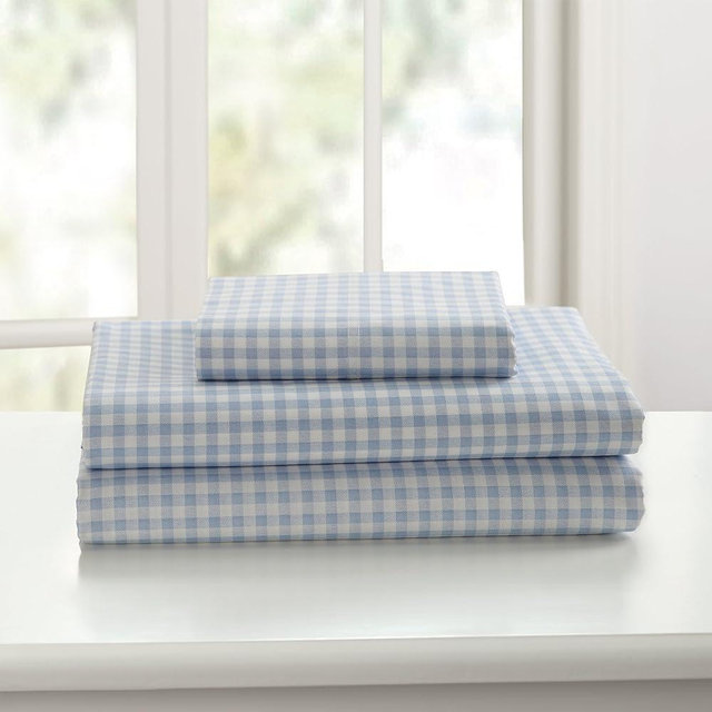 Laurel & Mayfair 250tc 100% Cotton Gingham Print Sheet Set, Queen, Blue