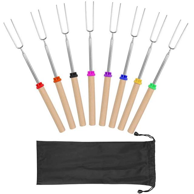 Coindivi Marshmallow Roasting Sticks, Smores Skewers Telescoping Rotating Forks Set of 8 Hot Dog Fire Pit Outdoor Fireplace Campfire Accessories-8 Multicolored 32 Inch Extendable Steel Fork Camping