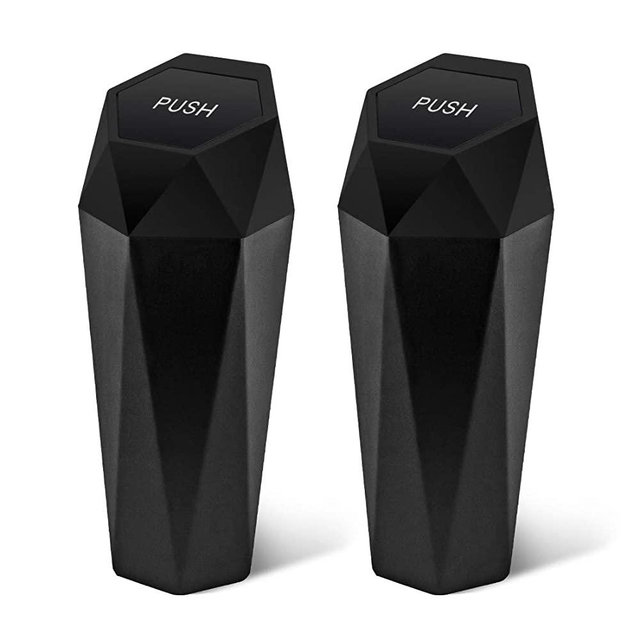 Car Trash Can with Lid New Car Dustbin Diamond Design, Leakproof Vehicle Trash Bin, Mini Garbage Bin for Automotive Car, Home, Office, Kitchen, Bedroom, 2PCS (Black)