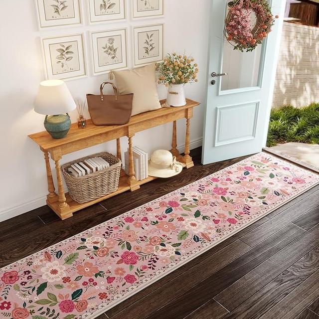 Rugcomf Runners for Hallways Kitchen Runner Rug Non Slip 2'x 10' Long Washable Runner Rugs with Rubber Backing Soft Floral Carpet Runner for Hallways, Kitchen, Laundry, Bedroom, Bathroom(Pink)