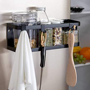 X-Chef Magnetic Spice Rack for Refrigerator, Single Tier Magnetic Shelf with 3 Removable Hooks, Black