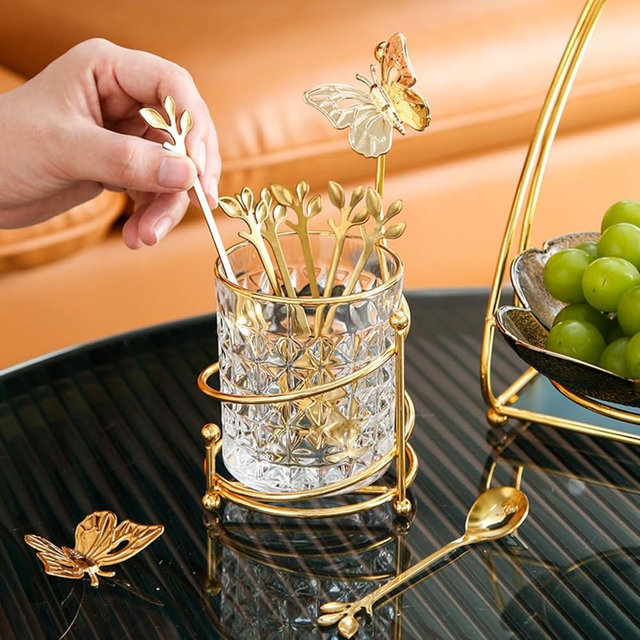 INPROPEXT 6PCS Coffee Spoons Set with Glass Holder,Small Stainless Steel Gold Tea Spoon,Mini Dessert Spoons Set for Fruit,Stirring, Mixing, Sugar, Ice Cream, Cake (6 x Spoons)