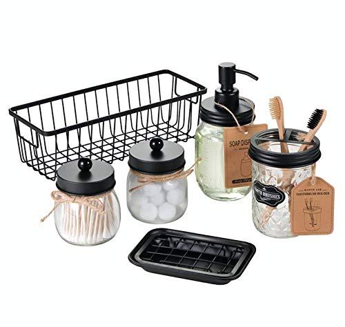 Premium Mason Jar Bathroom Accessories Set (6PCS) - Lotion Soap Dispenser,Toothbrush Holder,2 Apothecary Jars(Qtip Holder), Soap Dish,Storage Organizer Basket - Rustic Farmhouse Decor (Black)