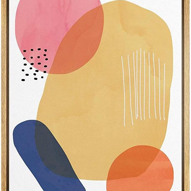 SIGNFORD Framed Canvas Wall Art Pink, Orange, Yellow and Blue Organic Circles and Lines Geometric Shapes Illustrations Minimalism Modern Relax/Calm for Living Room, Bedroom, Office - 16x24 inches
