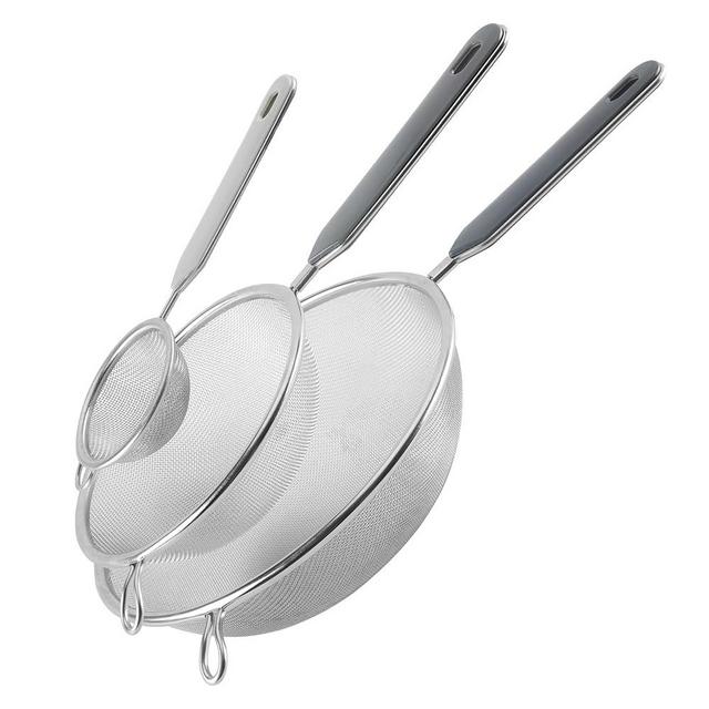 Cook With Color Set of 3 Fine Mesh Strainer, Colander, Sieve, Kitchen Sifter, Skimmer, Stainless Steel Strainer, Small Strainer, Medium and Large Mesh Strainer with Plastic Handles (Grey)