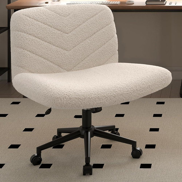 Yaheetech Wide Criss Cross Chair with Wheels,Comfy Armless Cross Legged Office Desk Chair, Swivel Vanity Chair Computer Chairs for Home Office, Ivory