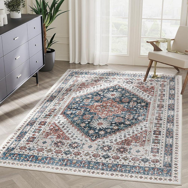 zesthome 8x10 Area Rugs for Living Room,Non-Slip Backing Washable Rugs,Vintage Large Area Rug，Stain Resistant Home Decor Rug (Blue,8'x10')