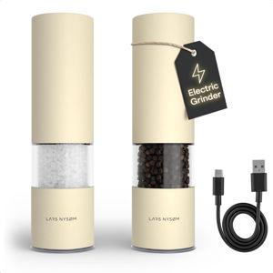 LARS NYSØM Electric Salt and Pepper Grinder Set I Automatic Salt and Pepper Mills with Adjustable Ceramic Grinder I USB Rechargeable Electric Spice Mill Set with LED Light (Almond Beige)