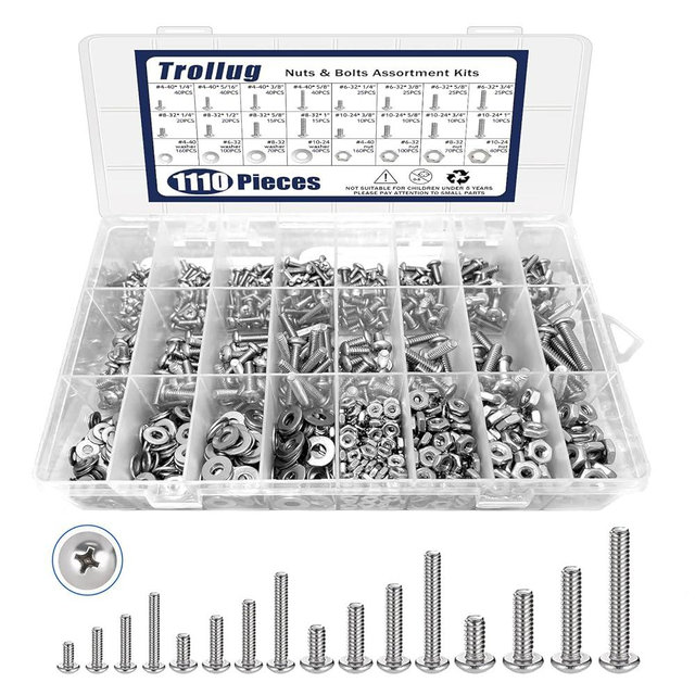 1110PCS Nuts and Bolts Assortment Kit, Stainless Steel Hardware Assortment Kit with Assorted Screws, Nuts, Bolts and Washers（#4-40#6-32#8-32#10-24）