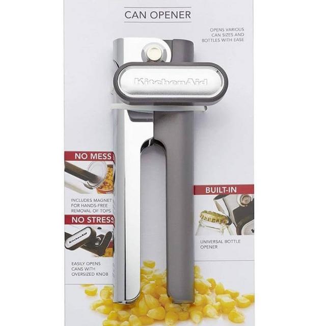 KitchenAid Classic Multifunction Can Opener and Bottle Opener Easy to Use, Razor Sharp Stainless Steel Cutting Wheel, Soft Ergonomic Handles, Gray